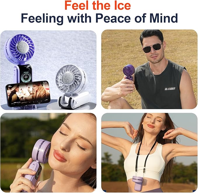 GZEduld Fantasy Purple Portable Handheld Fan with Stand & Lanyard, 5000mAh USB-C Rechargeable Battery, 12H Runtime 5-Speed LED Display Mini Fan for Outdoor Travel Beach Concerts