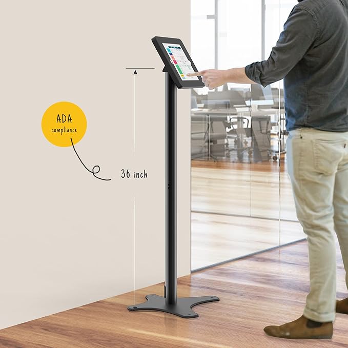 Beelta Tablet Floor Stand Compatible with 10.2" iPad 7 8 9, Rotate Lockable Metal Tablet Enclosure+Aluminum Pole+Metal Base - BSF302BT