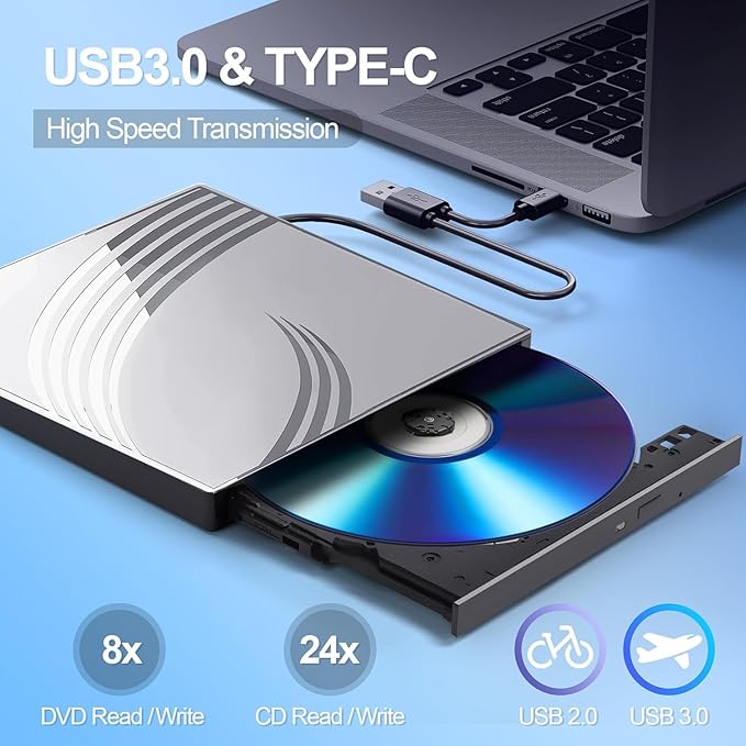 BPAKDU External CD/DVD Drive for Laptop, Ultra Slim CD Burner USB 3.0 Hub with 4 USB Ports, 2 TF/SD Card Slots,1 Type-C Port,DVD Player for Laptop Compatible with mac OS/Windows/Linux (Silver)