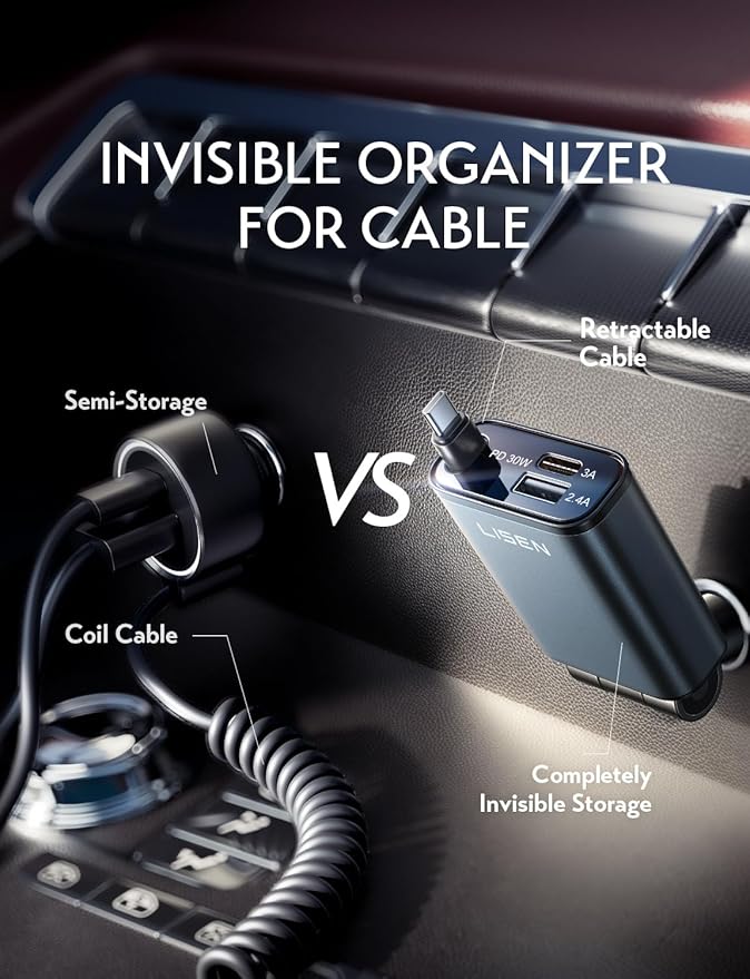 LISEN Retractable Car Charger, Car Charger USB C Fast Charge【98% Less Space,Mini】 57W Fast Charger for iPhone 17 16 15 Pro Max Plus Air, RV Electronics Interior Sets Car Accessories
