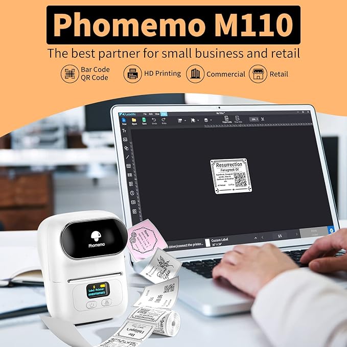 Memoqueen M110 Label Makers - Portable Bluetooth Thermal Label Maker Machine,Label Printer for Name, Barcode, Clothing, Jewelry, Retail, Mailing, for Android & iOS, with 1Pack 40×30mm Label, White