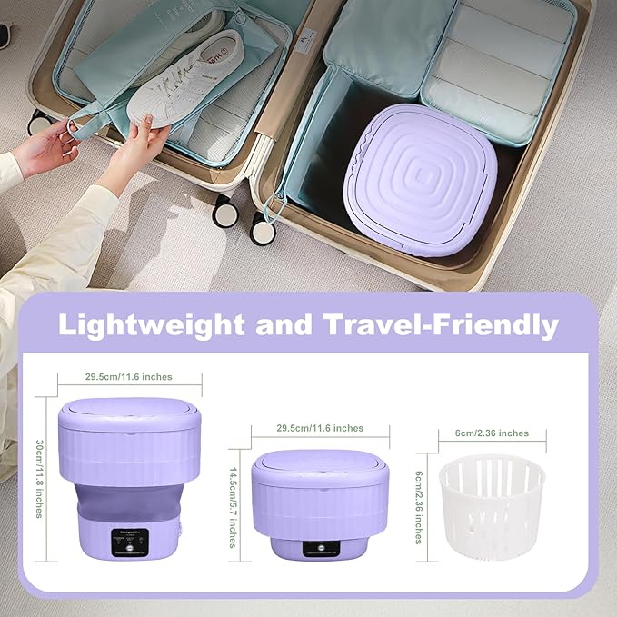 Portable Washing Machine, 9L Mini Foldable Washer with Spin Basket & 2 Cleaning Modes, Compact Laundry Machine for Home, Apartment, Hotel, Camping & Travel (Purple)