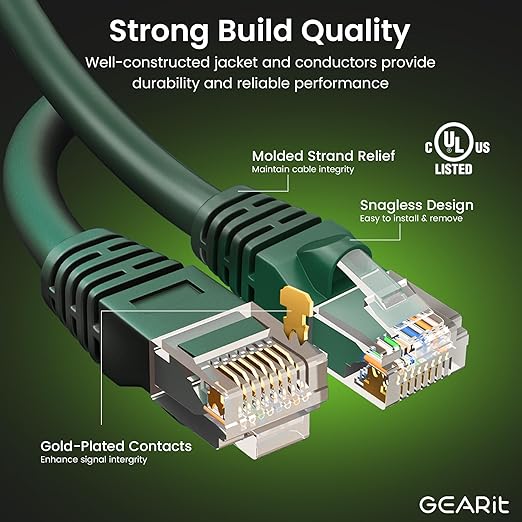 GEARit Cat 6 Ethernet Patch Cables 3 ft Green (Cat 6 Ethernet Cables 3 ft 24-Pack), CAT6 High Speed 24AWG 10Gbps RJ45 Snagless Gold-Plated, Ethernet Cable for Router, Switch, PC, PS5 Gaming, Server
