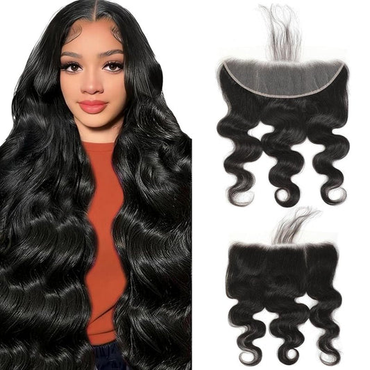 13 x 4 Lace Frontal Closure - Body Wave HD Transparent Lace Front With Bangs | 100% Remy Human Hair, 150% Density, Natural Color, 18 Inch