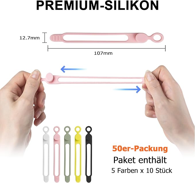 Nearockle 50Pcs Silicone Cable Ties Cord Organizer for Bundling Earphone, Phone Charger, Computer Cords, Reusable Wire Organizer Cable Management in Home,Office,Kitchen,School (5 Colors)