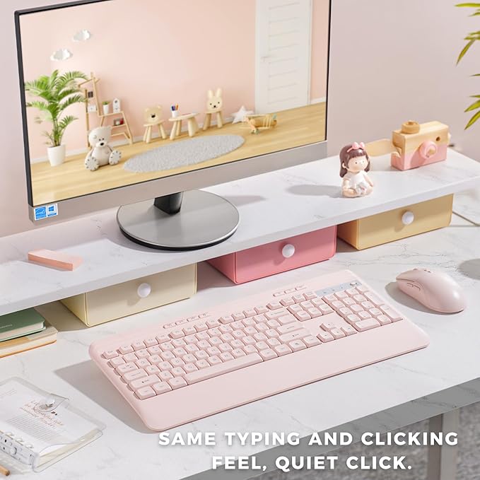 KOPJIPPOM Silent Wireless Keyboard and Mouse Combo - Keyboard with Large Print Cover, 2.4GHz Full-Sized Ergonomic Keyboard with Wrist Rest and Mouse for Laptop, PC, Notebook, Desktop