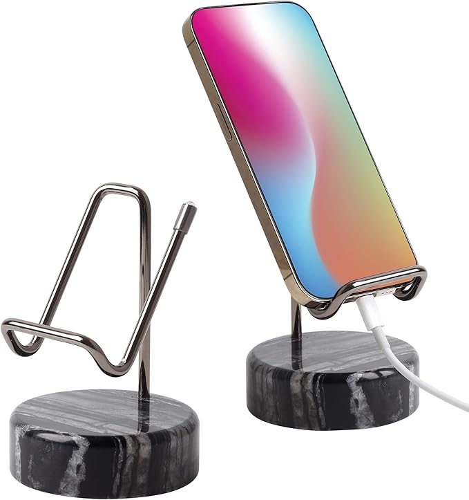 TransMarble Marble Phone Stand with Metal Holder, Charging Available While Using, Swipe Up to Unlock, Made of Natural Marble as Business Card Holder for Office Desk (Wooden Black + Black)