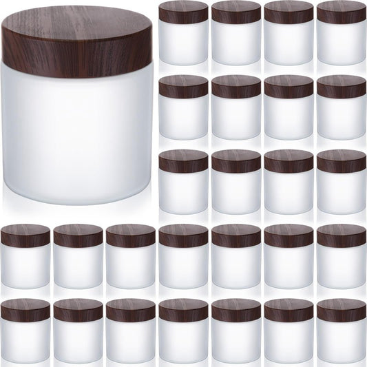 Geiserailie 30 Pcs 3.5oz Glass Jars with Plastic Wood Grain Lids Leakproof Airtight Empty Cosmetic Jars Sample Containers for Storing Lotions Powder Ointments Candle Making(Dark Brown)