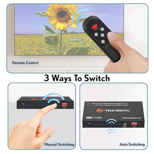 J-Tech Digital 8K HDMI Switch 2 in 1 Out 8K@60Hz 4K@120Hz 1080P@240Hz, HDMI Audio Extraction to Optical & 3.5mm, HDR HDCP 2.3 EDID Control, Compatible with PS5 PS4 Xbox Switch Apple TV Roku Fire TV