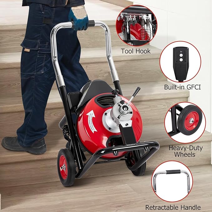 75Ft x 1/2Inch Drain Cleaner Machine, Portable Electric Drain Auger Cleaner with 6 Cutters & Gloves, Drain Cleaning Machine Fits 1" to 4" Pipes
