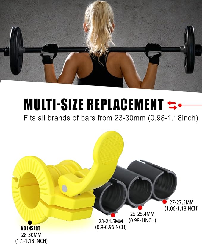ZY-HUAN Barbell Clips 1 inch Barbell Clamps 0.9-1.18inch Quick Release Weight Clips for Bars Multi-Size Adjustable Olympic Barbell Clamps (Yellow)