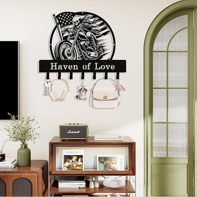 Syneiro Personalized Skull Motocycle Key Holder Wall Mount, Custom Metal Key Rack Key Holder with Name, Deer Cabin Wall Keys Hanger with Hooks for Entryway, Front Door, Hallway, Kitchen, Living Room
