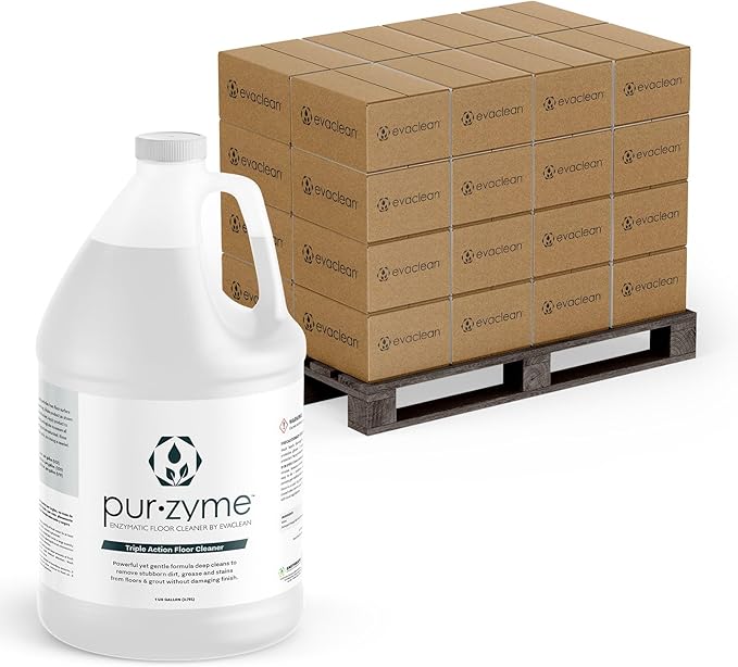 EvaClean PurZyme Enzyme Cleaner â 192 One Gallon Bottles, 48 Cases per Pallet, Triple-Action Grease Remover, Odor Control for Drains, Floors & Grout, pH Neutral Formula, Safe for Kitchens & Restrooms