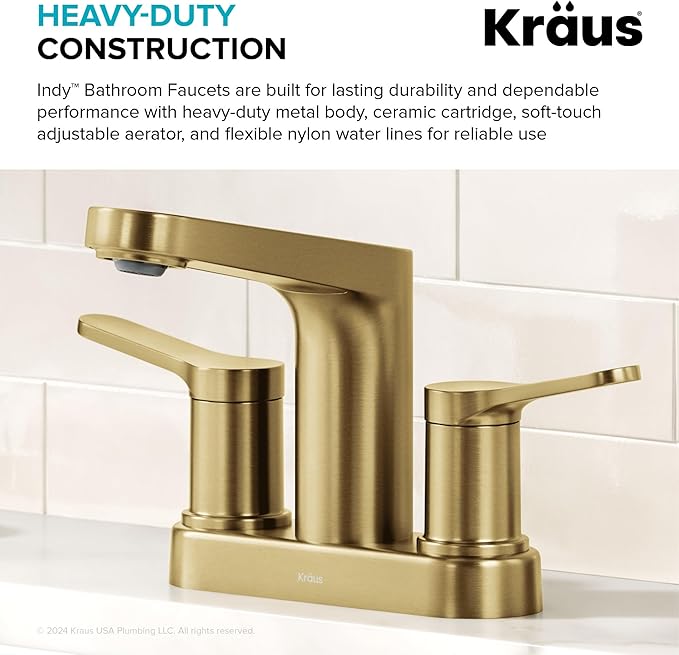 KRAUS Indy Centerset Bathroom Faucet in Spot-Free Brushed Brass with 2 Handles, Pop Up Drain and Supply Lines, FUS-14102SFBB