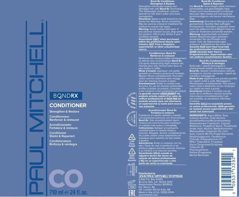 Paul Mitchell Bond Rx Conditioner, Strengthens + Restores, For Chemically Treated + Damaged Hair, 24 oz