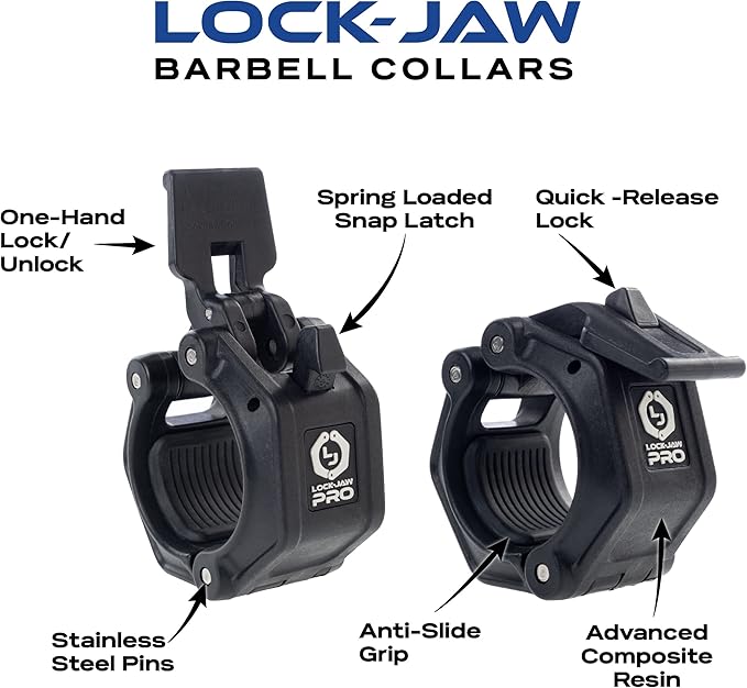 Lock-Jaw PRO 2 Barbell Collars Olympic Barbell Clamps 2 Pcs – Heavy Duty Bar Clamps for 2” & 50mm Olympic Bars – Secure Weight Bar Clamps for Strength Training & Home Gym Accessories – All Black