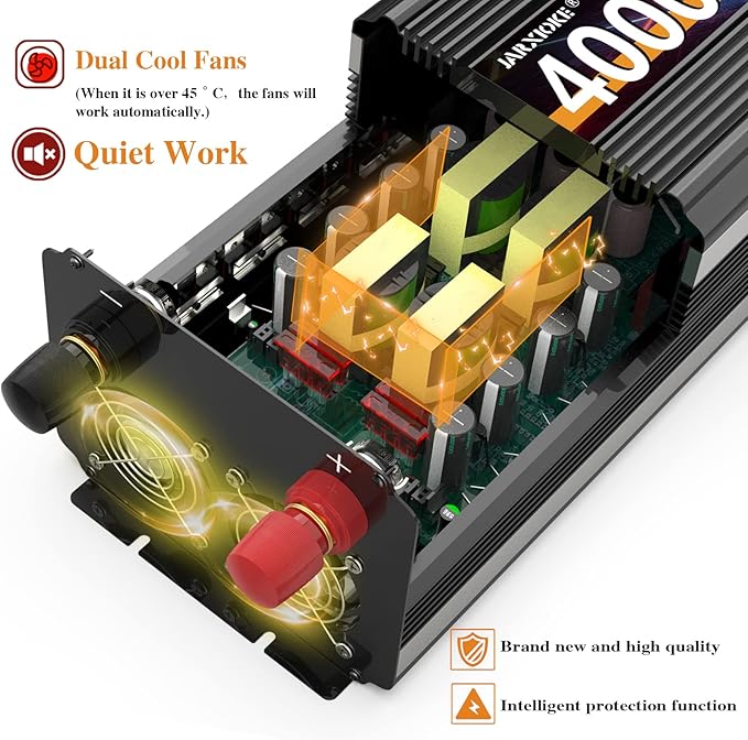 JARXIOKE 4000 Watt Power Inverter 12V DC to 110V 120V Converter for Family RV Off Grid Solar System Car with Type-C Ports 3 AC Power Outlets Dual USB Ports LCD Display Wireless Remote Control