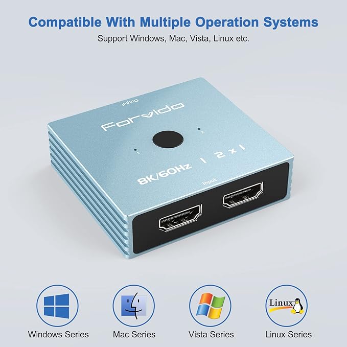 8K HDMI Switch 2 in 1 Out, HDMI Splitter Switch 1 in 2 Out 4K 120Hz for Dual Monitor PC Adapter Hub Bi-Directional for Gaming/PS5/Xbox/PC/TV