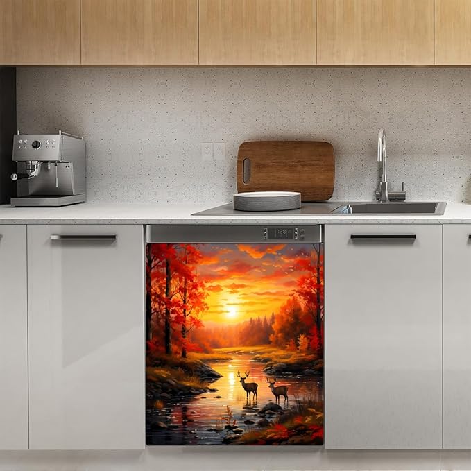 Dishwasher Magnet Cover Forest River Sunset Deer Reusable Dishwasher Magnetic Cover Sticker Decorative Dish Washer Door Cover Panel for Home Kitcen Appliance, 21x26 in