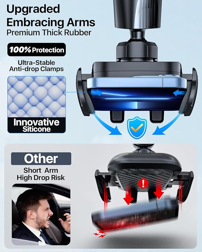 HTU Upgraded Strongest Suction Car Phone Holder Bendable Arm, Never Block View Rotatable Cellphone Mount for Dashboard Windshield Vent, Cradle Stand for iPhone 17 16 15 14 13 12 Pro Max (Lndigo Blue)