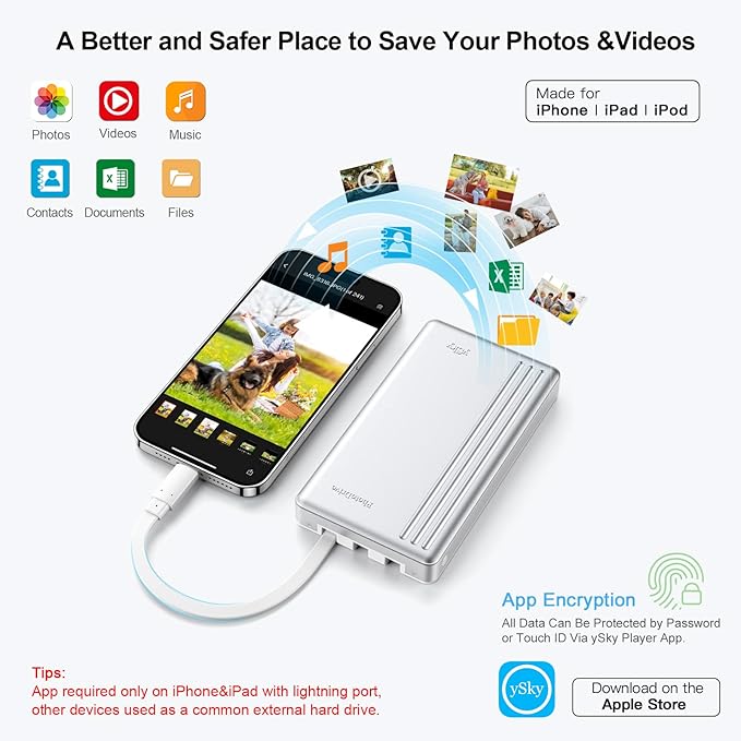 MFi Certified 2TB External Hard Drive for iPhone iPad MacBook Computer,Photo Stick USB Flash Drive Storage Device for iPhone 17/16/ 15/14/13 to Backup Photo| Video | Music| File 【One-Touch Backup】