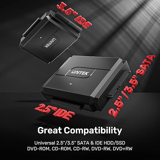 Unitek SATA/IDE to USB 3.0 Adapter, Hard Drive Adapter for Universal 2.5"/3.5" Inch IDE and SATA External HDD/SSD with 12V 2A Power Adapter, Support 24TB