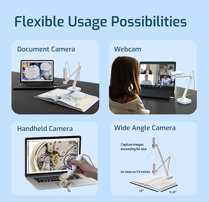 INSWAN INS-3 Detachable Handheld USB Document Camera – Flexible Multi-Angle, Perfect for Hands-on Teaching & 3D Object Demo, Mic, LED, Auto Focus, Compatible with Windows/Mac/iPad/Chromebook, White