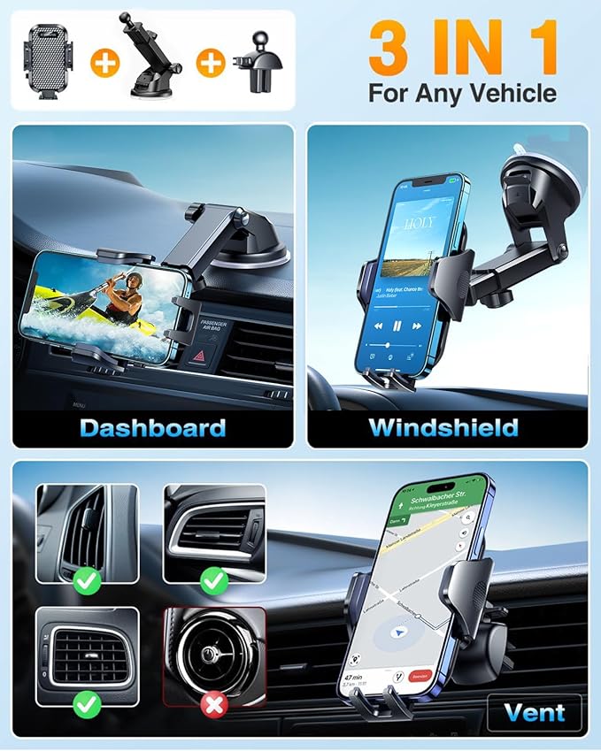 VANMASS【85+LBS Strongest Suction & Military-Grade Ultimate Car Phone Mount【Patent & Safety Certs】 Cell Phone Holder for Dash Windshield Vent for iPhone 17 Pro Max Automobile Accessory Kits,Matt Black