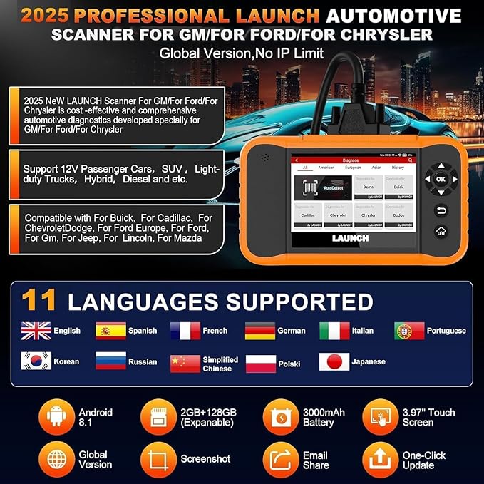 LAUNCH Creader Elite 2.0 FGC OBD2 Scanner,ECU Code, Bi-Directional Scan Tool for Ford, for GM, for Chrysler,100+ Reset, Full System Diagnose, FCA AUTOAUTH, AUTOVIN, Lifetime Free Update