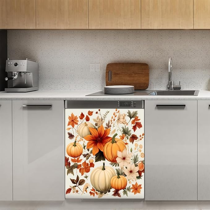 Dishwasher Magnet Cover Fall Pumpkins Flower Leaves Reusable Dishwasher Magnetic Cover Sticker Decorative Dish Washer Door Cover Panel for Home Kitcen Appliance, 21x26 in