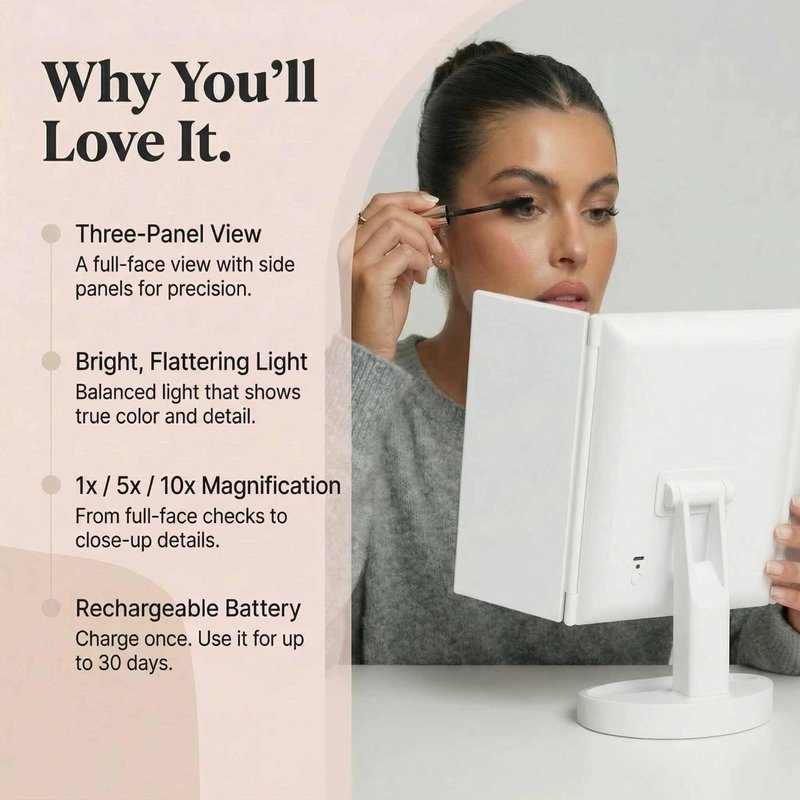 Fancii LED Lighted Vanity Makeup Mirror, Rechargeable Trifold Mirror with 5X & 10x Magnifications - 68 Dimmable Natural Lights, Touch Screen, Best Adjustable Make Up Mirror with Cosmetic Stand