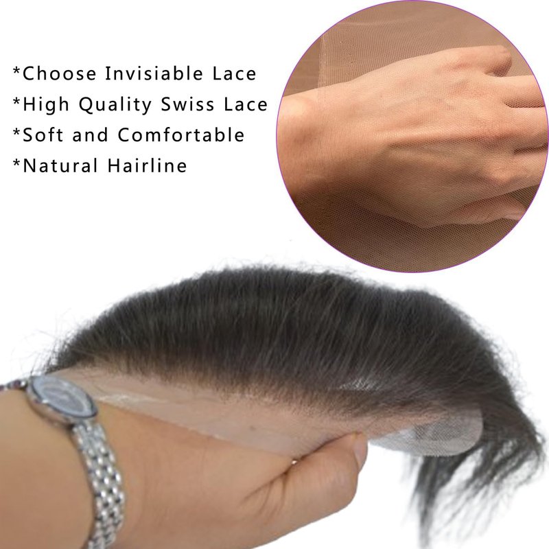Vennsian Receding Forehead Natural Hairline Full Swiss Lace Frontal Toupee Real Human Hair Replacement System Frontal Hair Topper (1B Black Color, 1.57x7.08 INCH)