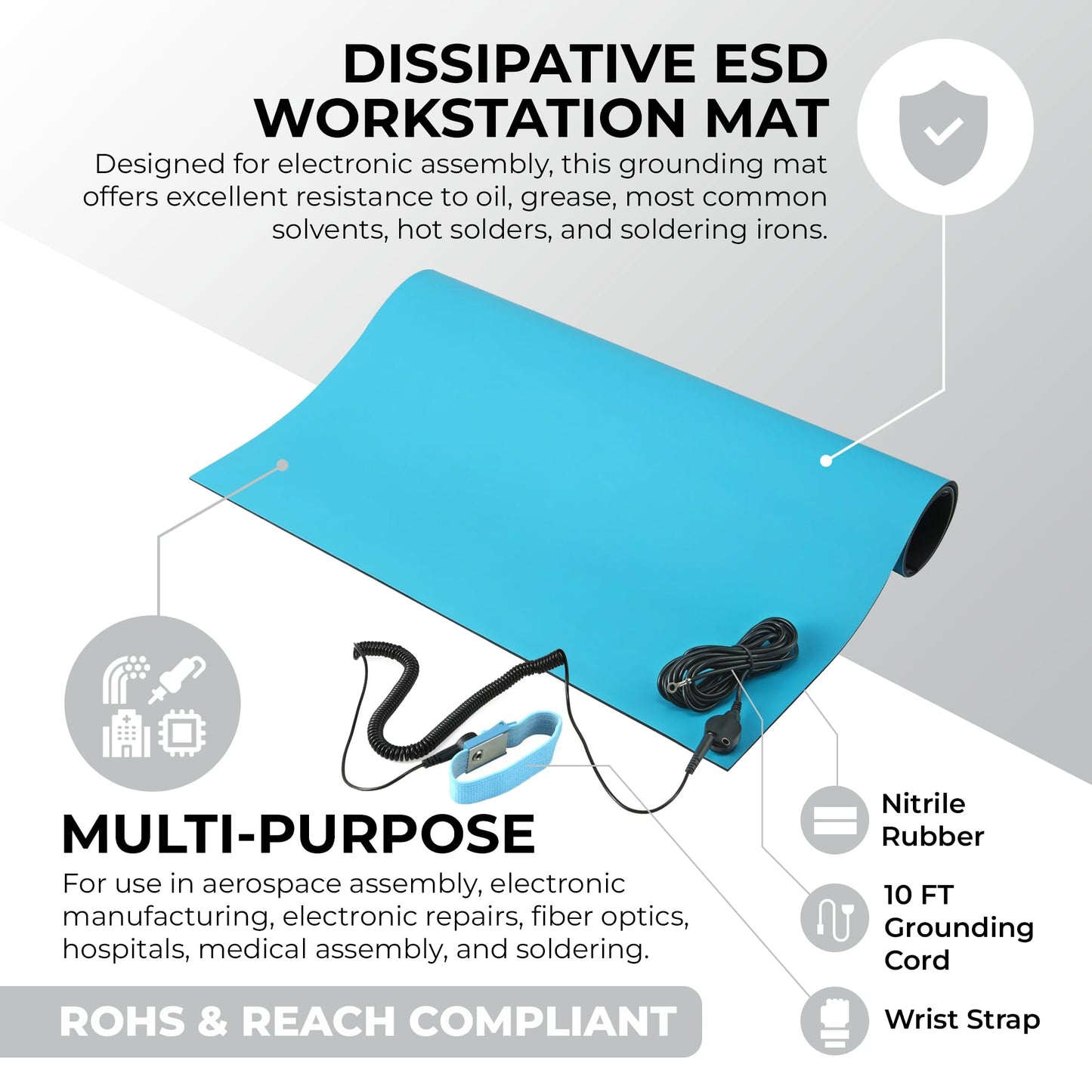 MWRF Source ESD Mat Kit with Wrist Strap and Grounding Cord (0.12" Thickness) (18 Inches x 47 Inches, Blue)