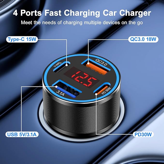 Car Phone Charger USB C,2Pack 4-Port 65W USB C Car Charger Fast Charging Multi Port Cigarette Lighter Adapter with Volt Meter,12V Type C Car Adapter for iPhone 17/16/15 Pro Max,iPad,Samsung,Android