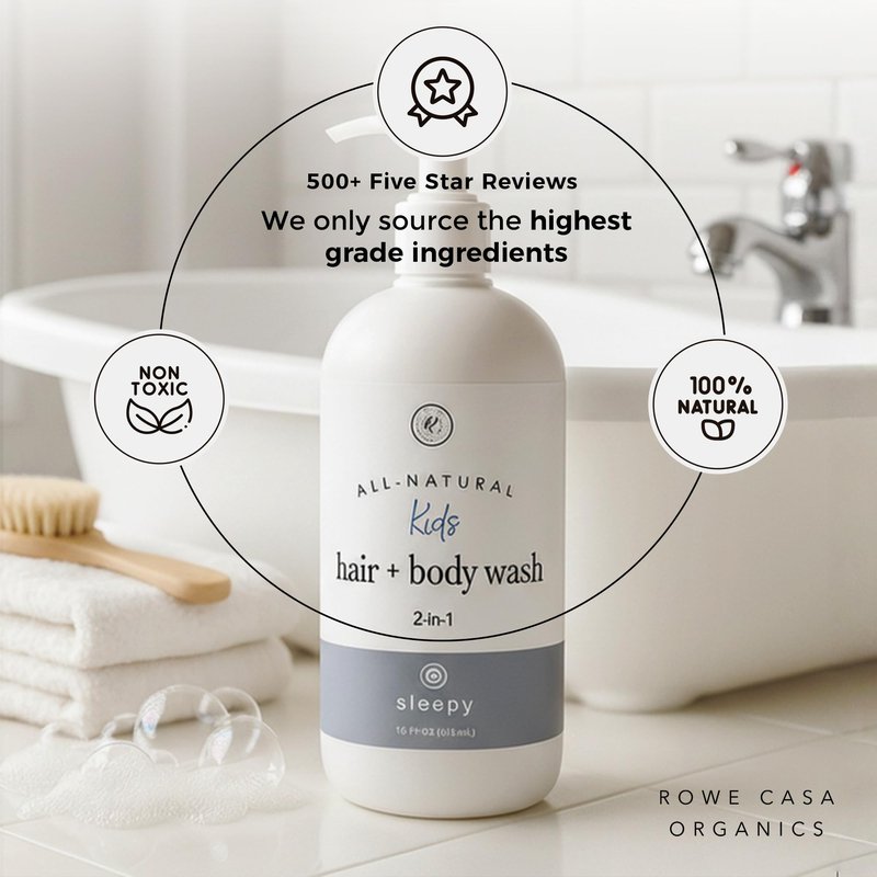 Rowe Casa Organics 2-in-1 Kids Hair & Body Wash with Therapeutic Essential Oils – Sleepy Kids Shampoo & Body Wash with Floral, Relaxing & Calming scent – 16 Fl. Oz