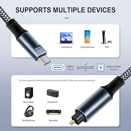 Kumiho Braided USB C to Optical Audio Cable 10Ft Unidirectional USB C to Toslink Optical for TV/Soundbar, Sony PS5,Speakers & Home Theater Systems
