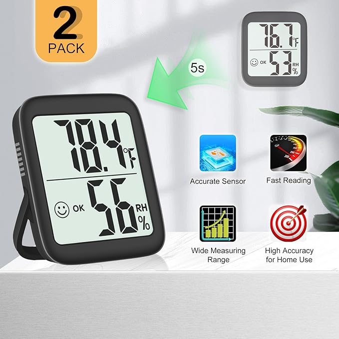 Antonki 2 Pack Room Thermometer for Home, Hygrometer Indoor Humidity Meter Gauge, Digital Temperature and Humidity Monitor Sensor for House, Terrarium, Incubator, Greenhouse - Battery Included