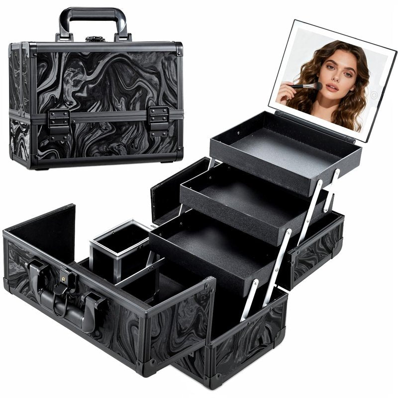 Faquenc Travel Makeup Case with LED Lighted Mirror - 11.6" Portable Makeup Organizer Box, Cosmetic Train Case with Detachable Brush Holder - Fluid Black