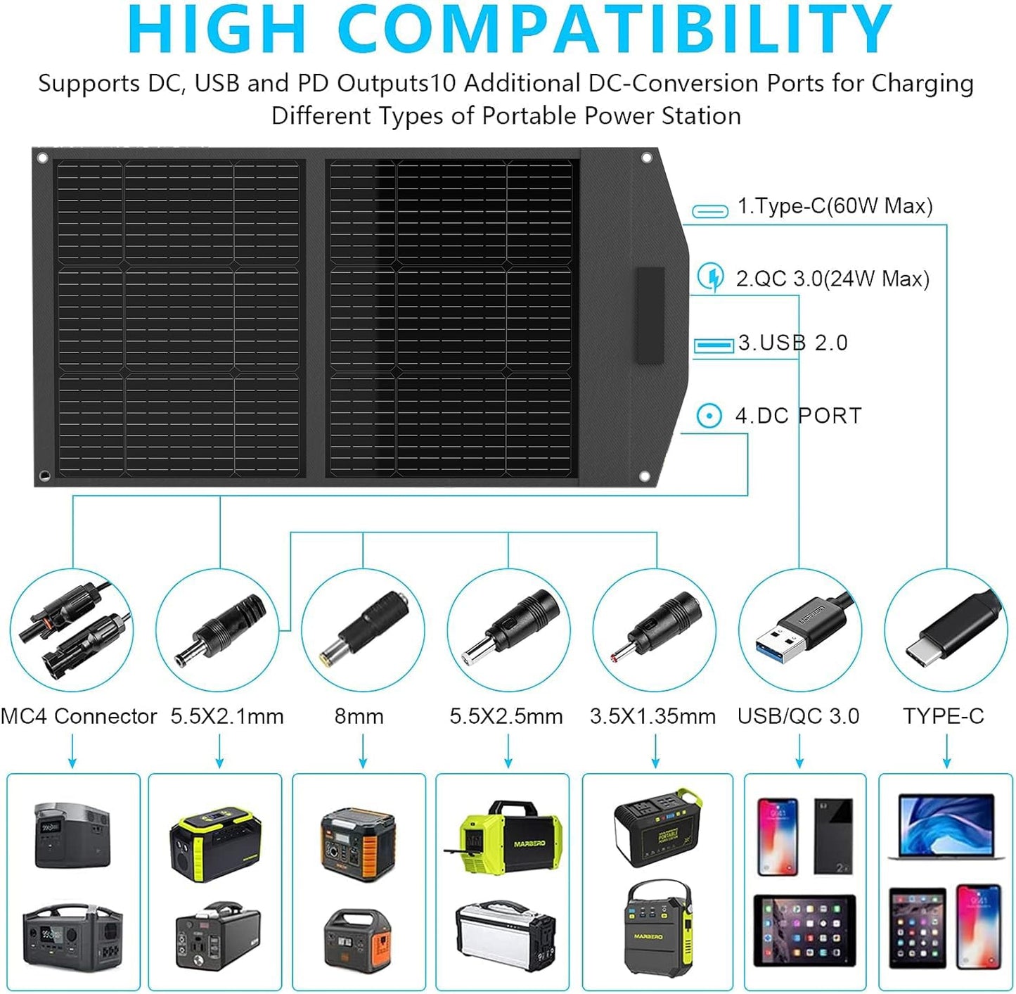 MARBERO 100W Portable Solar Panel 100 Watt Foldable Solar Panel for Power Station with USB & DC 18V Output(10 Connectors) 23% Conversion Efficiency IP68 Waterproof for Camping Outdoor Home Cloudy