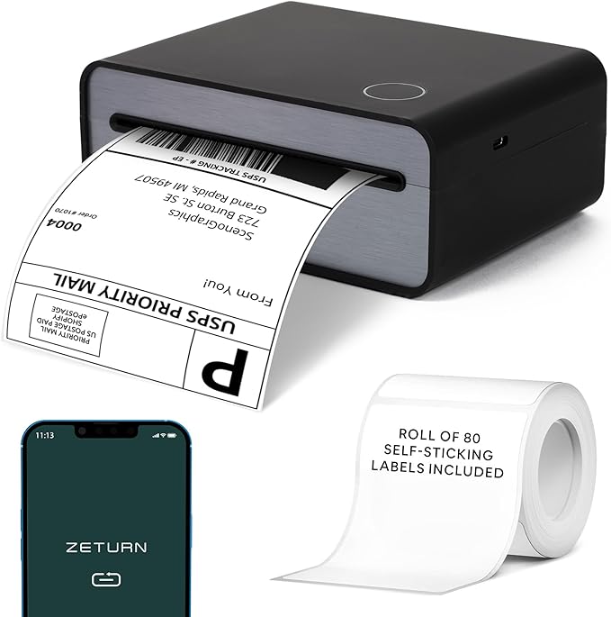 Zeturn 4x6 Thermal Shipping Label Printer - Wireless Bluetooth, Rechargeable Battery, No Ink Needed - for iPhone, Android, Home