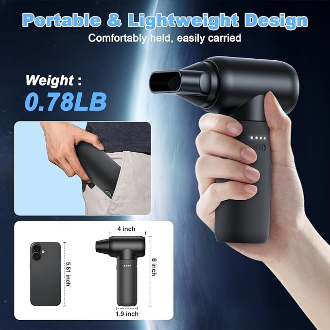 Ekmoey Electric Air Duster, 110,000 RPM 3 Gear Adjustable Cordless Air Blower, 6000mAh Rechargeable Battery,Portable Dust Cleaner for Computer, Home & Outdoor,Replaces Compressed Air Cans