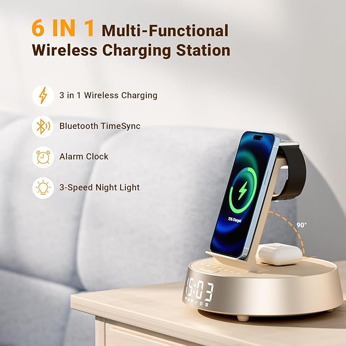 Alarm Clock with Wireless Charging Station, Clock for Bedroom with Dimmable Night Light Bluetooth Speaker, Wireless Charger Dock Station for iPhone 16 15 14 13 12 11 Pro Max, Apple Watch