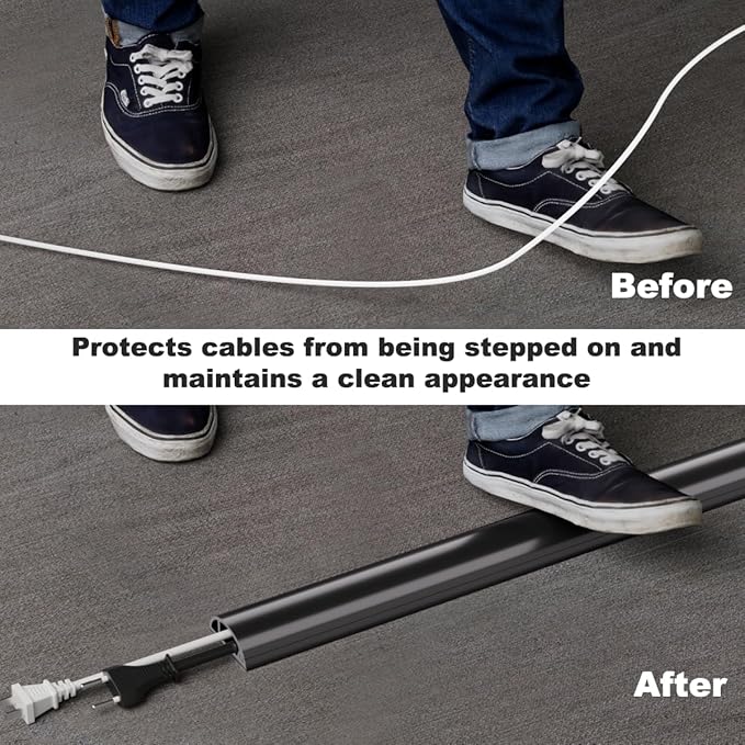 Kneelisa 4FT Side-Open Extension Cord Covers for Wires on Floor,Silicone Power Cable Protector Cord Hider Management Strip,Hide Electric Wire on Carpet,Chord Runner Protective Safety,Black
