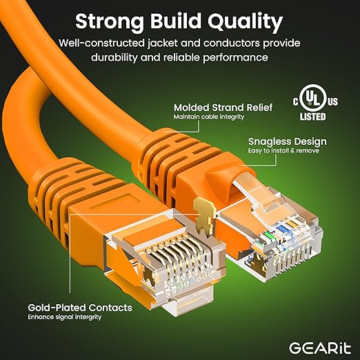 GEARit Cat 6 Ethernet Patch Cables 0.5 ft Orange (Cat 6 Ethernet Cables 0.5 ft 24-Pack), High Speed 24AWG 10Gbps RJ45 Snagless Gold-Plated, Ethernet Cable for Router, Switch, PC, PS5 Gaming, Server