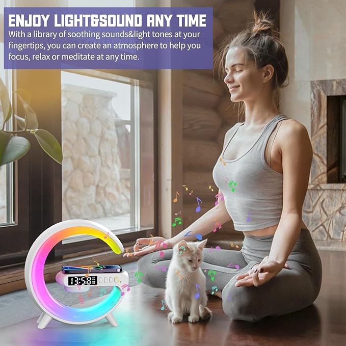 XCDIFA Mini LED Table Lamp with 4-in-1 Wireless Charger, Night Light, Sunrise Alarm Clock, Bluetooth Speaker, Smart Atmosphere Table Lamp for Bedroom, Office, Home Decor (White)