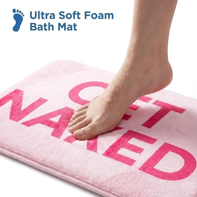 Pink Get Naked Memory Foam Bath Mat 16x24 Inch, Funny Bathroom Rugs, Cute Dorm, Apartment Decor, Soft Non Slip Absorbent Mats for Shower, Vanity