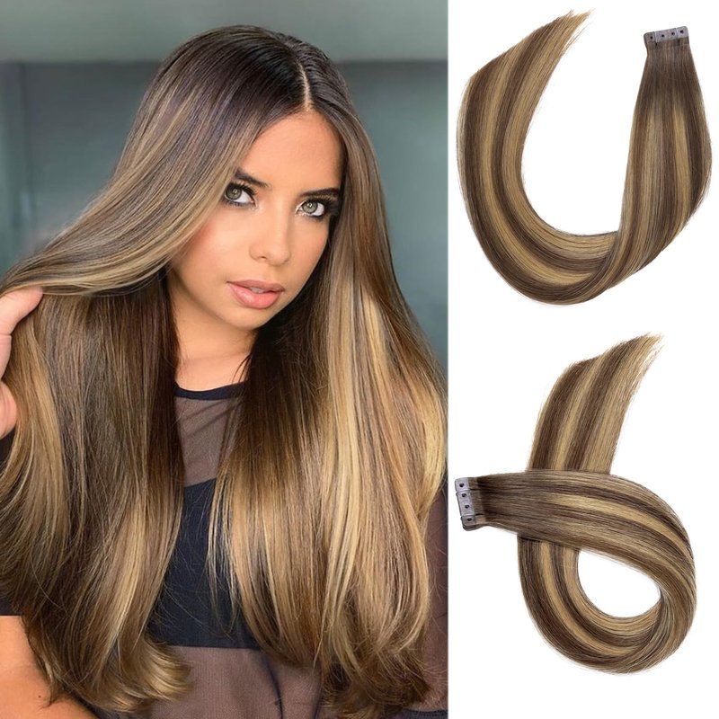 WIGER Micro Bead Hair Extensions Ombre Brown Mixed Blonde Insert Skin Weft Extensions 16 In Balayage Remy Human Hair Straight No Glue Brazilian Highlighted Hair Extensions (40g, 20 Pcs)