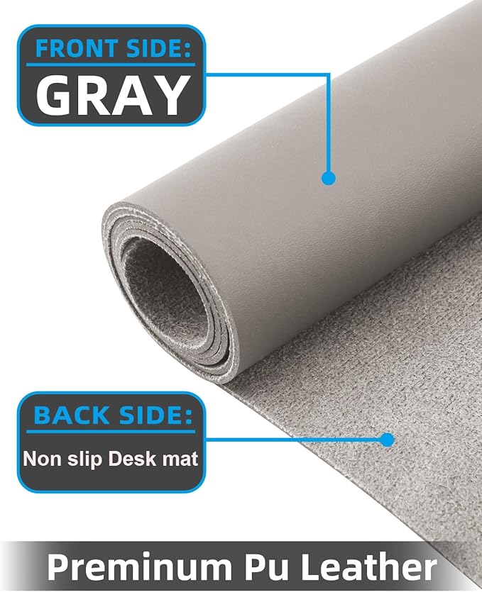 Small Leather Desk Mat, Mouse Pad, Laptop Mat, Non-Slip PU Leather Blotter, Waterproof Writing Pad for Office/Home (23.6"x13.8", Light Grey)