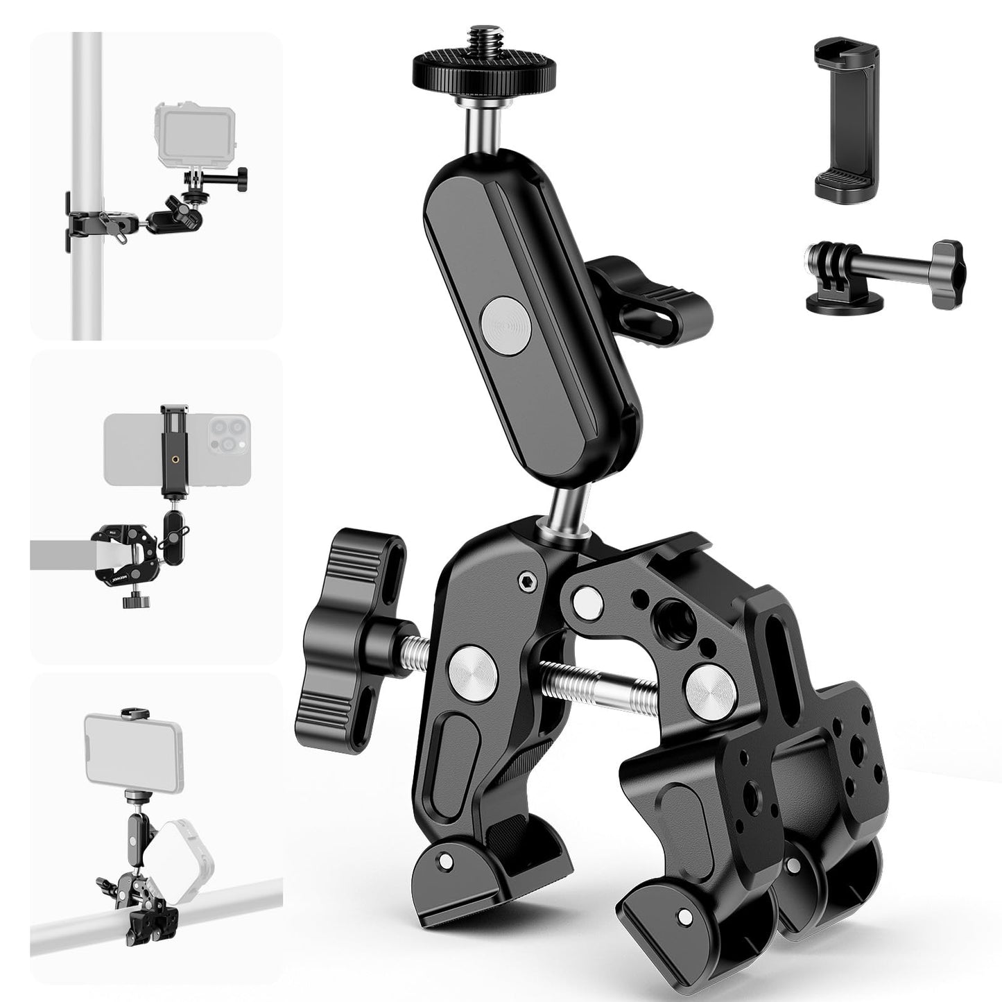 NEEWER Super Clamp with 3" Dual Ballhead Magic Arm, Camera Phone Clamp Mount with 1/4" 3/8" Threads, Cold Shoe, Phone Holder, Action Camera Adapter Compatible with GoPro DJI iPhone 16 15 Pro Max, ST88