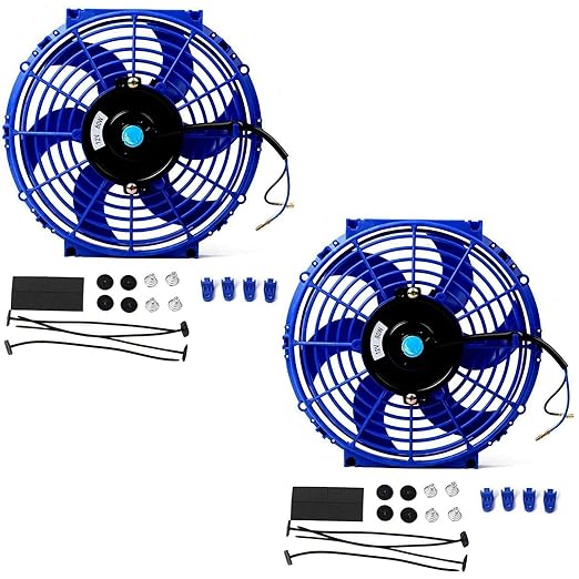 FSBCGT 2PCS 10 inch Slim Fan Push Pull Electric Radiator Cooling 12V 80W Mount Universal Kit Blue